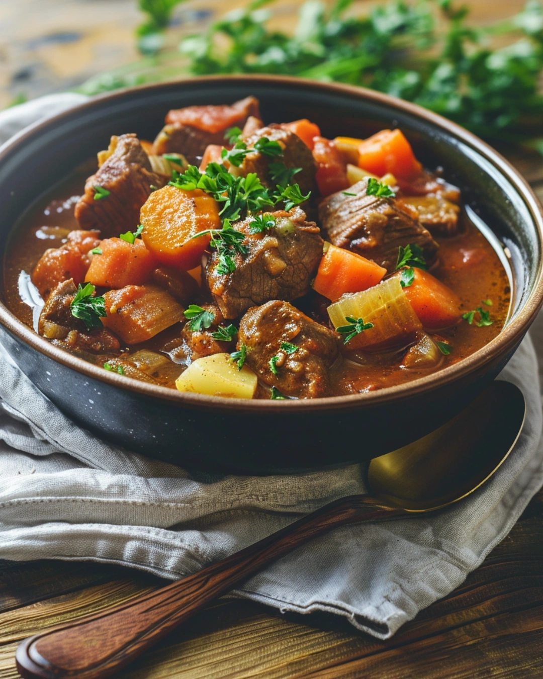 bowl of gluten-free beef stew with herbs