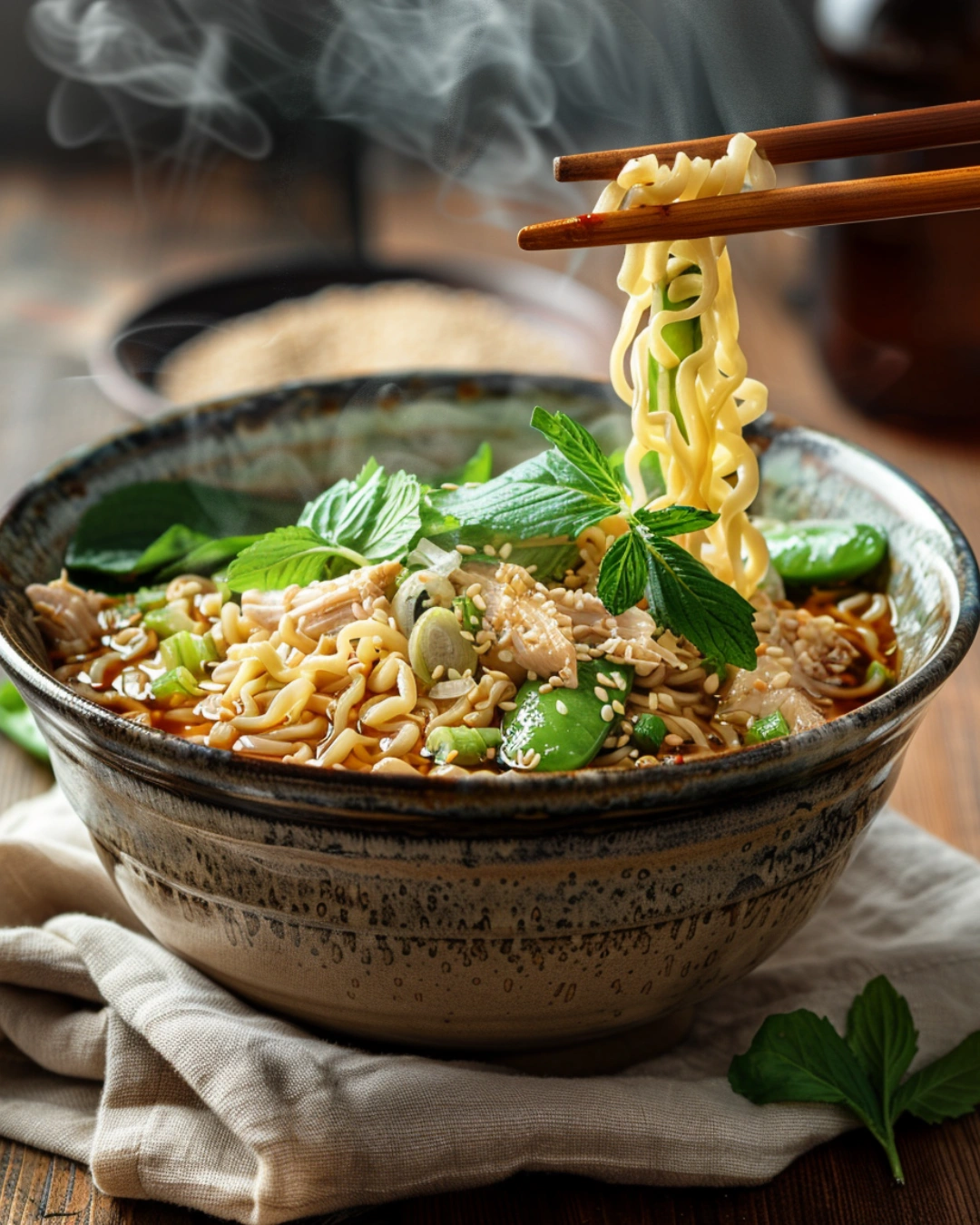 Serving homemade cup noodles in a bowl with herbs