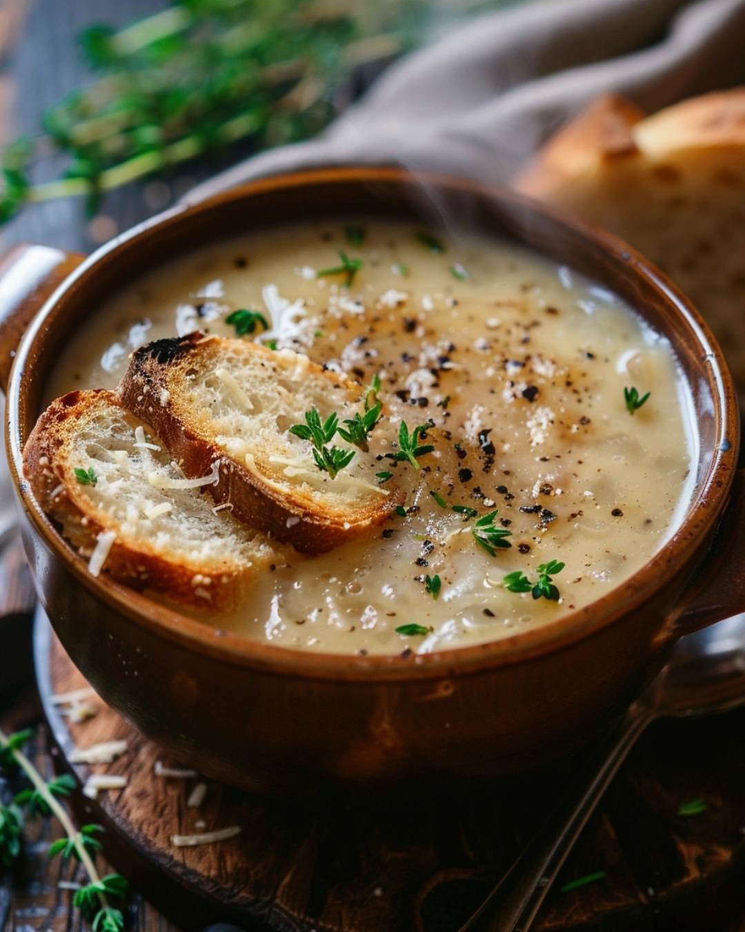 serving homemade onion soup
