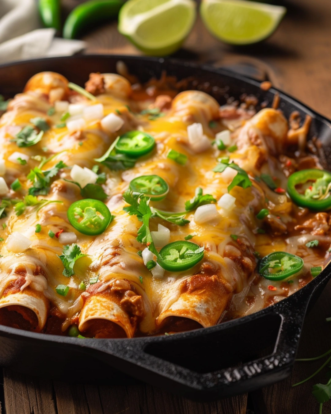 Serving Tex Mex enchiladas with cheese, onions, and lime wedges