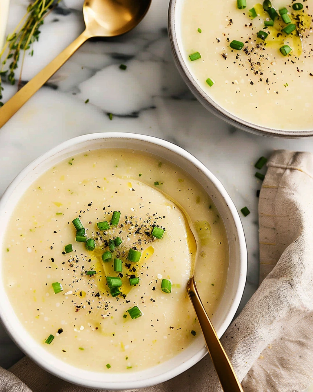 Leek soup served with chives in a modern kitchen