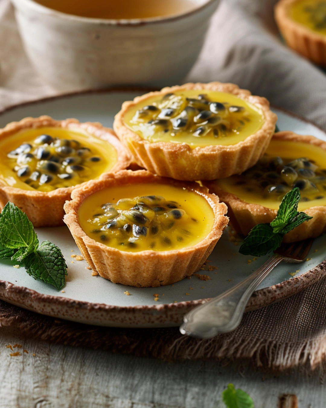 Served passionfruit tartlets on plates