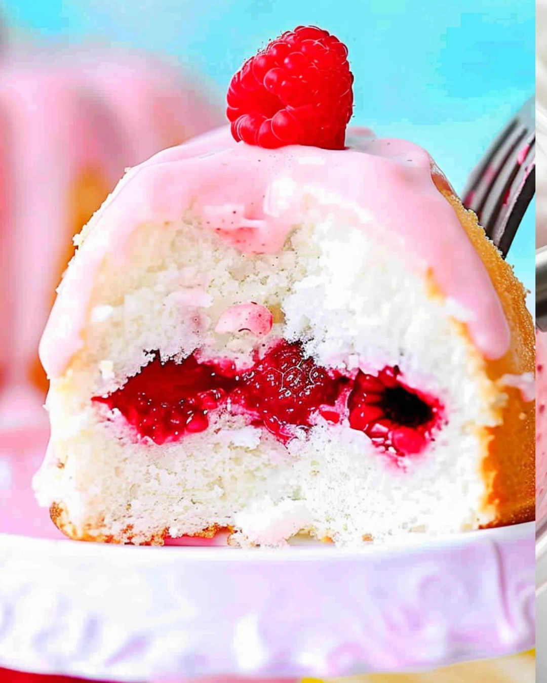 Slice of Raspberry Angel Food Cake served with glaze