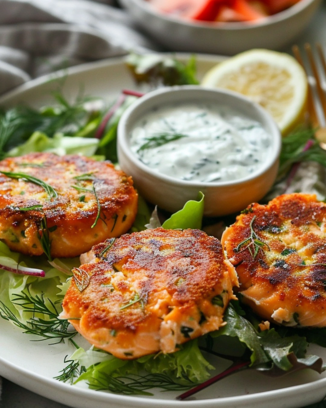 Served salmon cakes with lemon dill sauce and salad