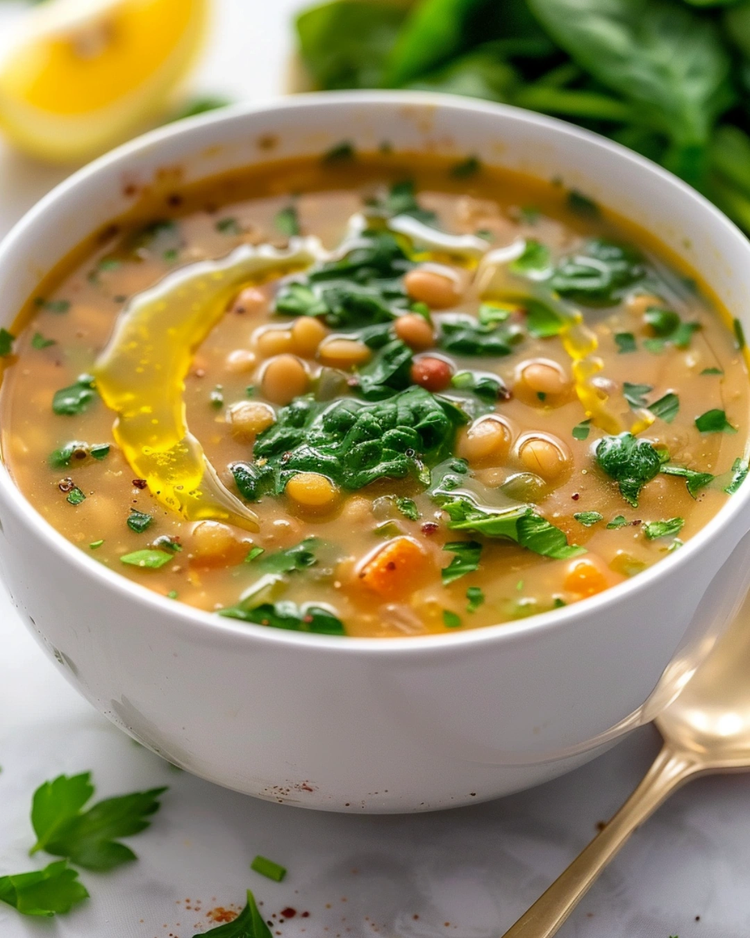 Serving spinach, lentil, and butter bean soup with olive oil drizzle