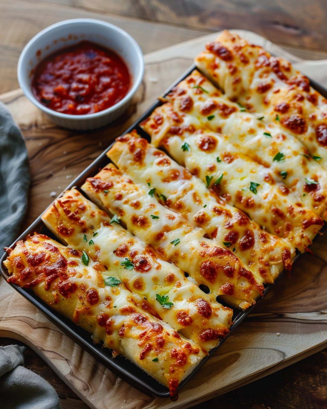 Breadsticks sliced into strips with marinara dipping sauce