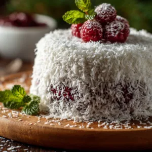 Snowball Cake with Coconut and Raspberry on rustic table