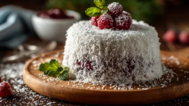 Snowball Cake with Coconut and Raspberry on rustic table