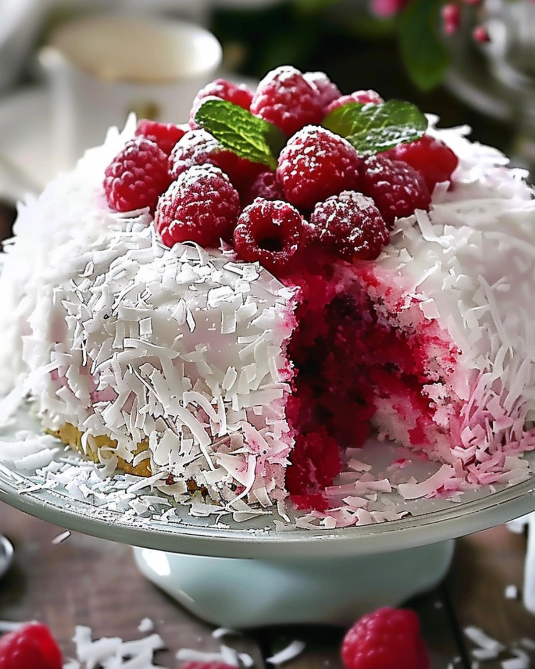 Snowball Cake with Coconut and Raspberry topped with fresh raspberries and mint leaves