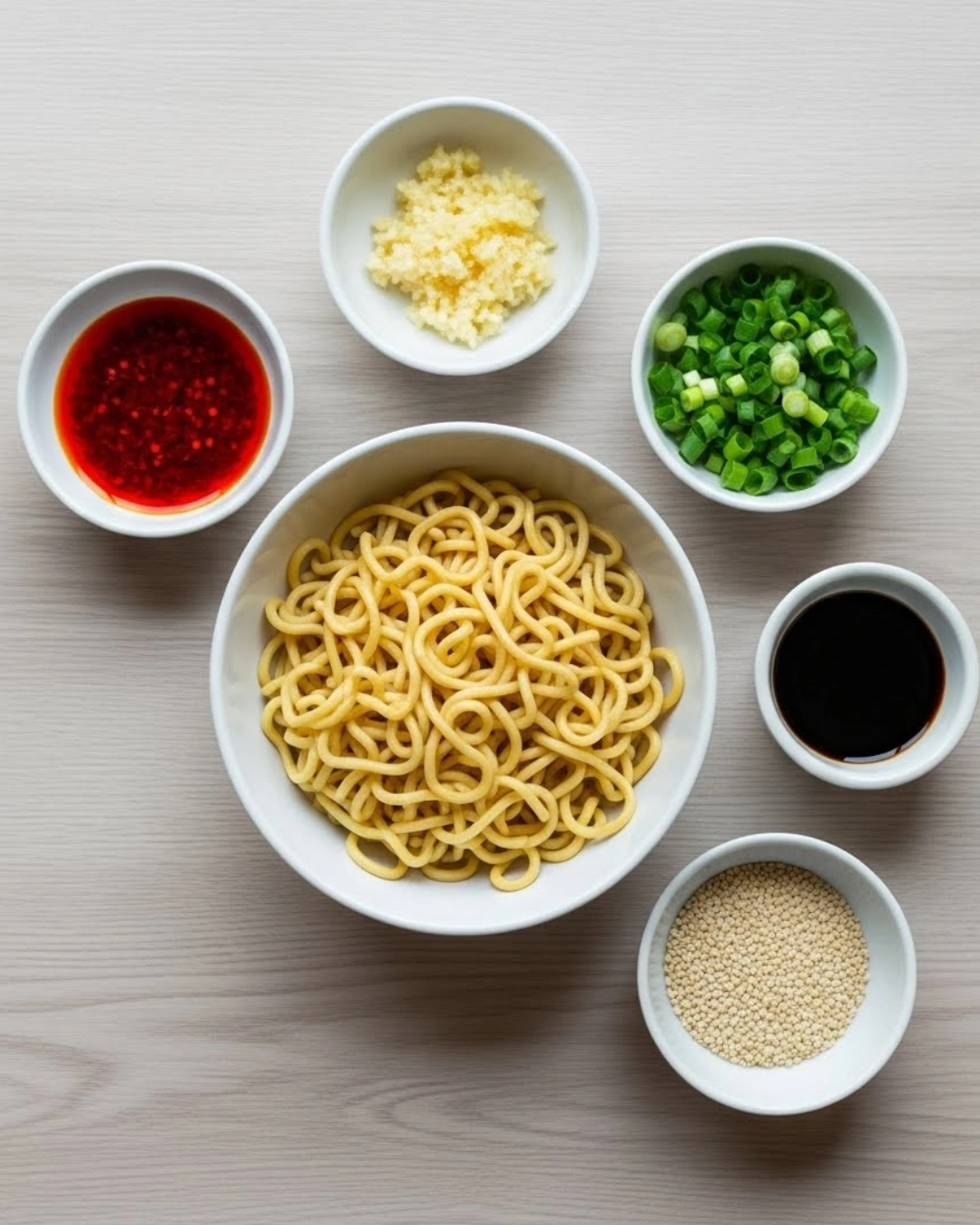 Spicy noodles recipe ingredients flat lay