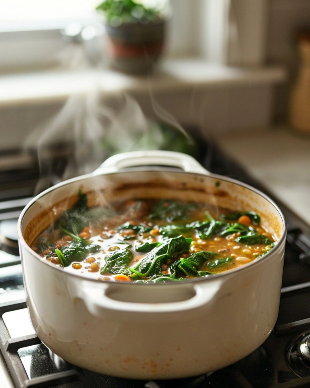 Cooking spinach, lentil, and butter bean soup in a pot on the stove