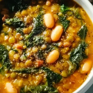 Spinach, lentil, and butter bean soup in a modern white bowl