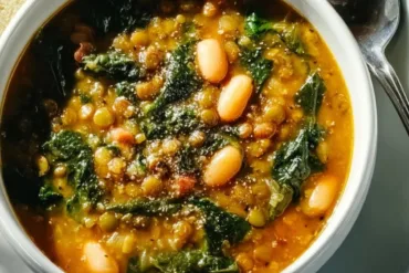 Spinach, lentil, and butter bean soup in a modern white bowl