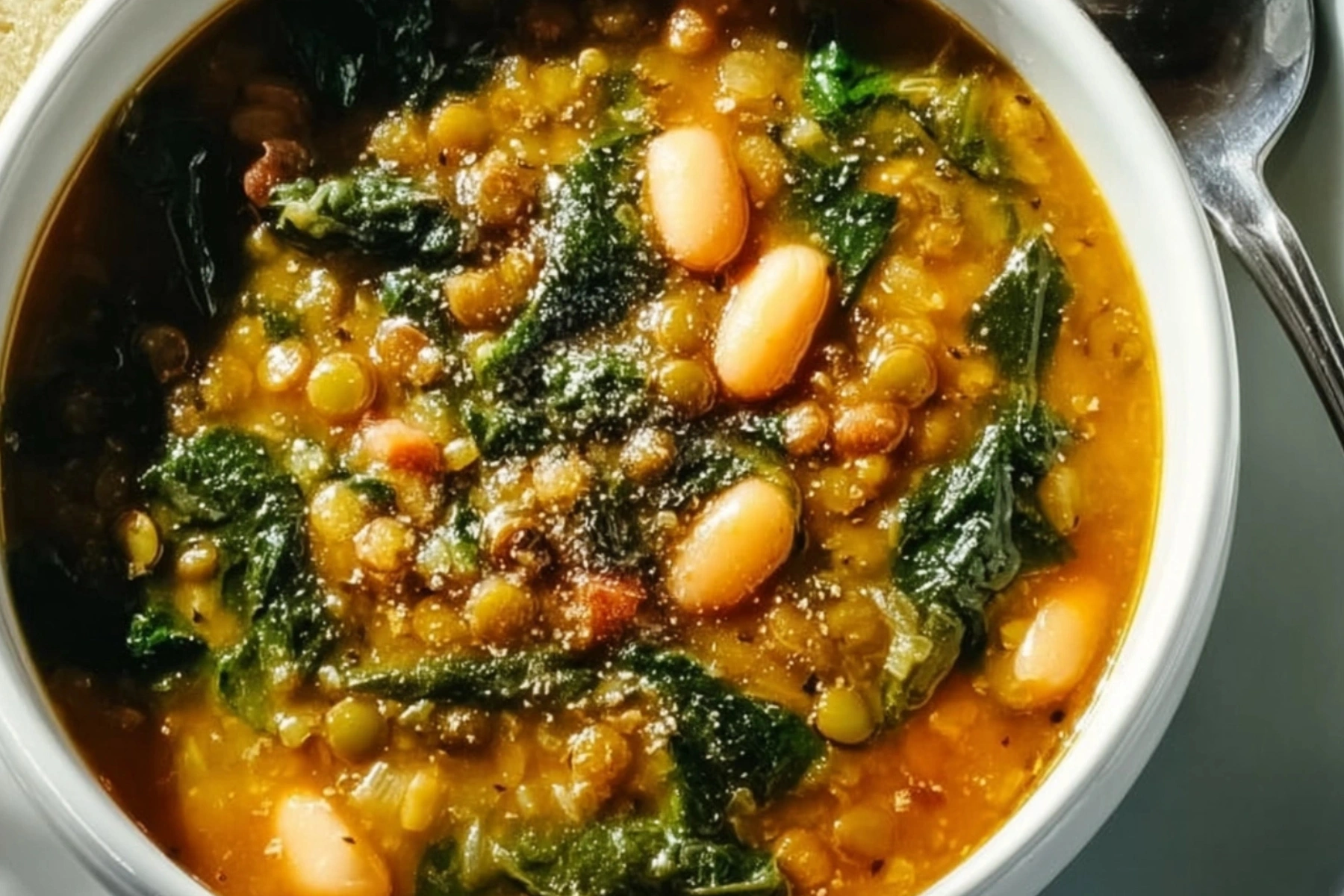 Spinach, lentil, and butter bean soup in a modern white bowl