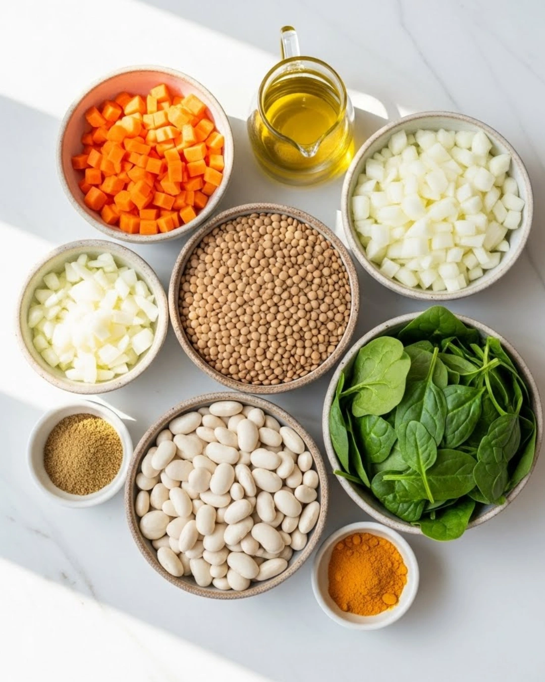 Ingredients for spinach, lentil, and butter bean soup on a bright countertop