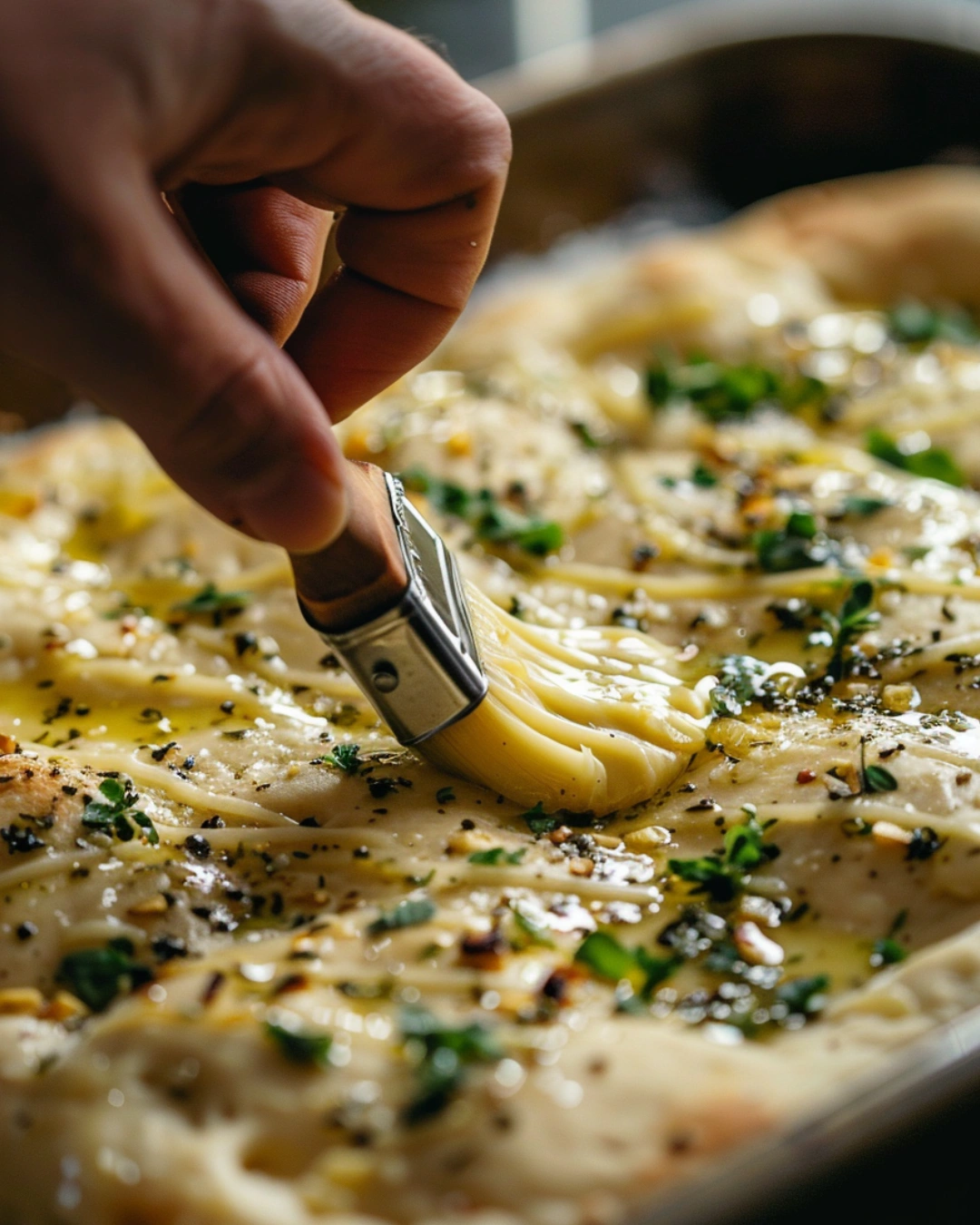Spreading garlic butter over pizza dough in a baking pan