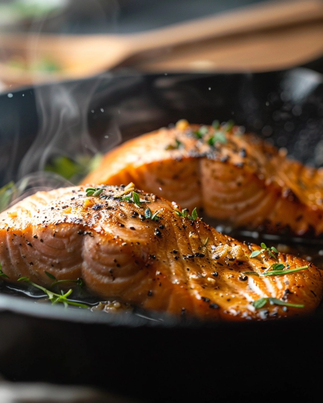 Cooking Texas Roadhouse grilled salmon in cast-iron skillet with garlic butter