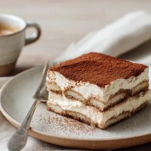 Slice of tiramisu without raw eggs on ceramic plate with espresso cup beside it