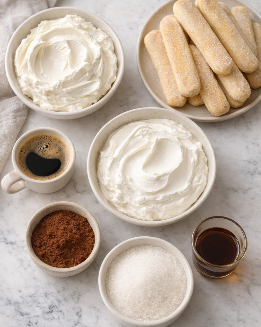 Ingredients for tiramisu without raw eggs arranged on light marble surface