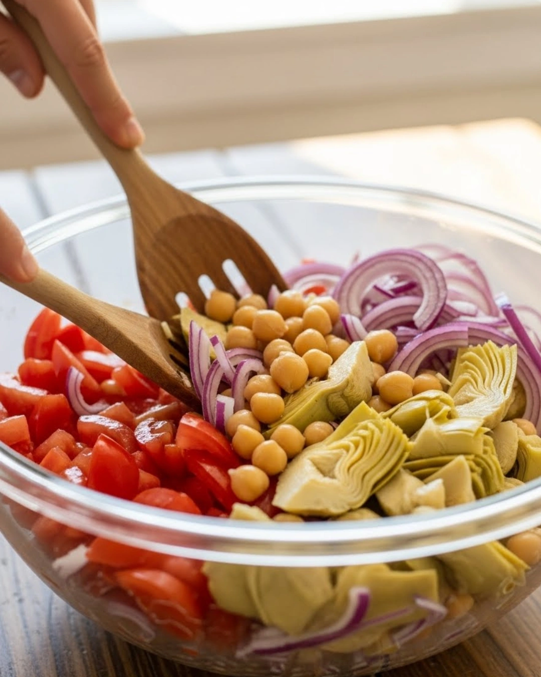 Tossing Tuscan tomato salad in a large bowl with chickpeas, artichokes, and tomatoes