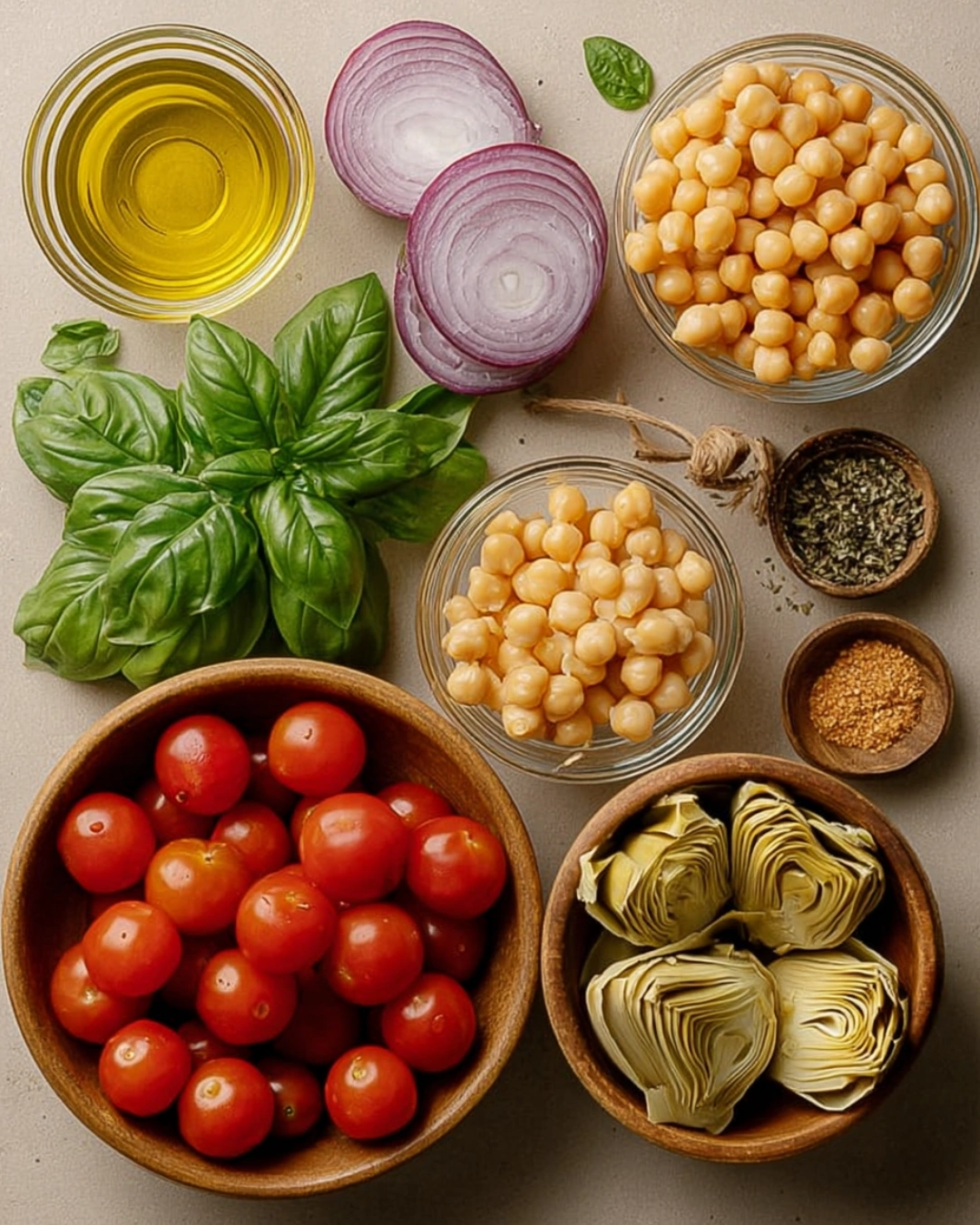 Flat lay of ingredients for Tuscan tomato salad including cherry tomatoes, basil, chickpeas, and artichokes