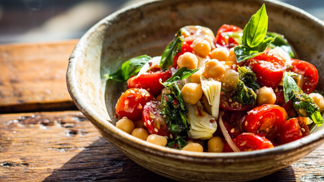 Tuscan Tomato Salad: 5-Minute Bold Summer Favorite 2 Tuscan tomato salad with chickpeas and basil in a bowl