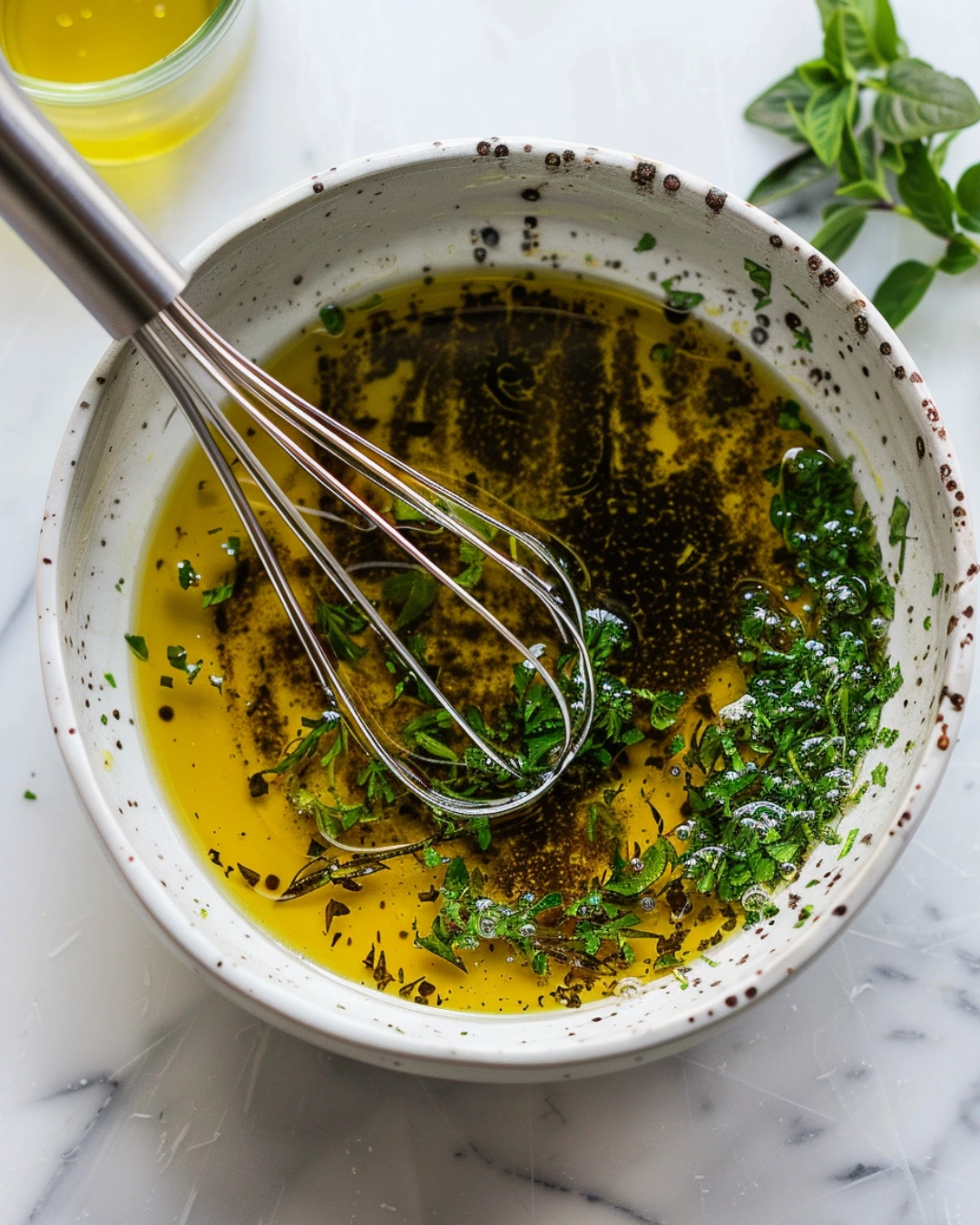 Whisking red wine vinaigrette in a glass bowl for Tuscan tomato salad