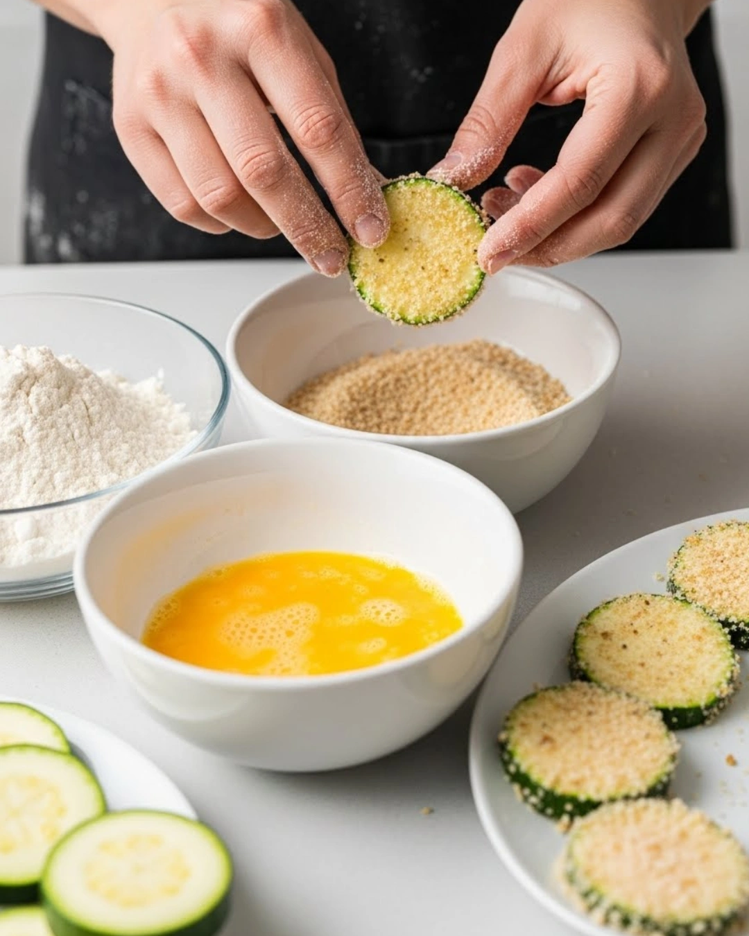 Hands coating zucchini in flour, eggs, and breadcrumbs