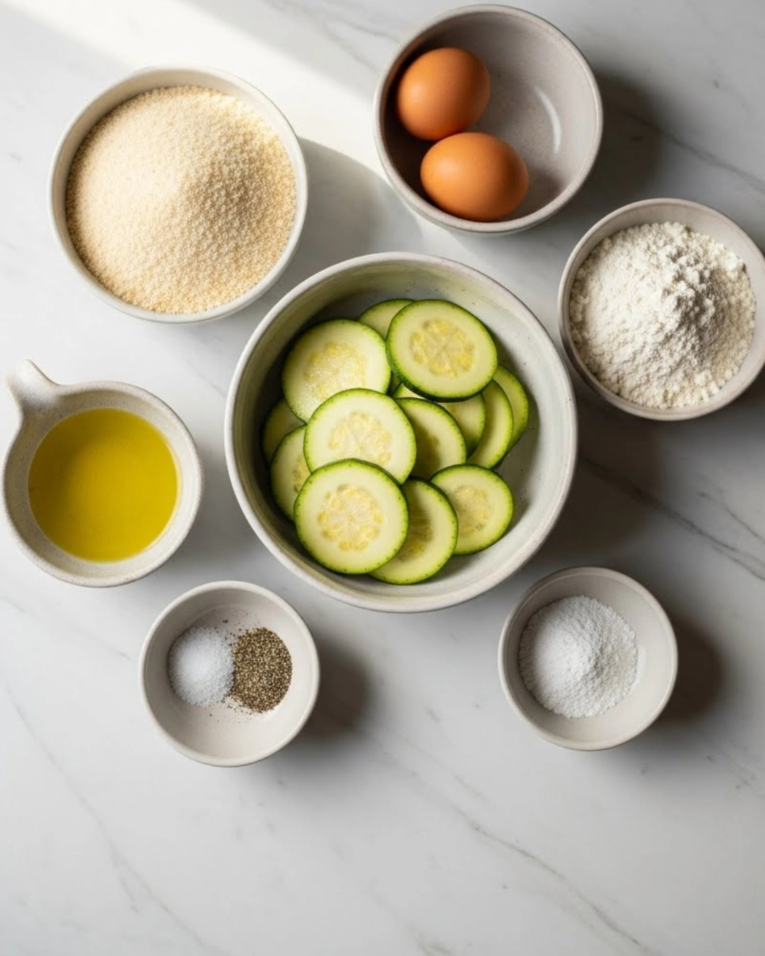 Fresh zucchini and coating ingredients for frying