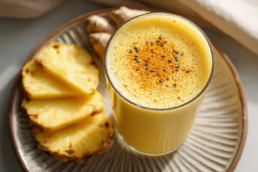 Dairy-free pineapple turmeric smoothie with ginger and flax seeds