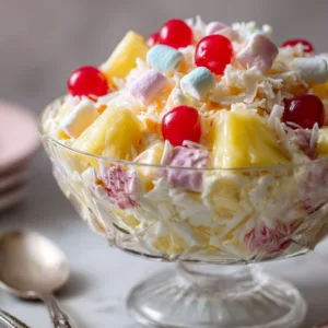 Ambrosia salad with cherries, marshmallows, and coconut