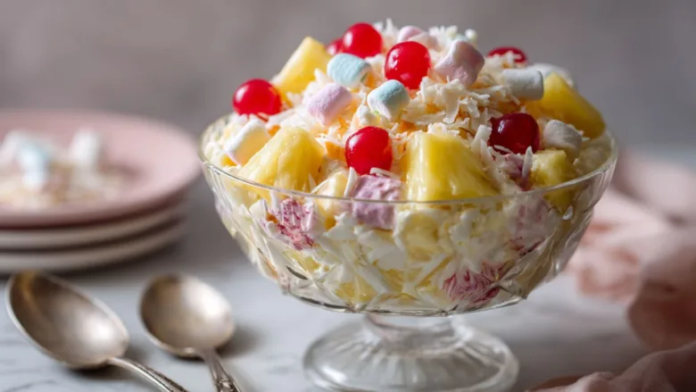 Ambrosia salad with cherries, marshmallows, and coconut