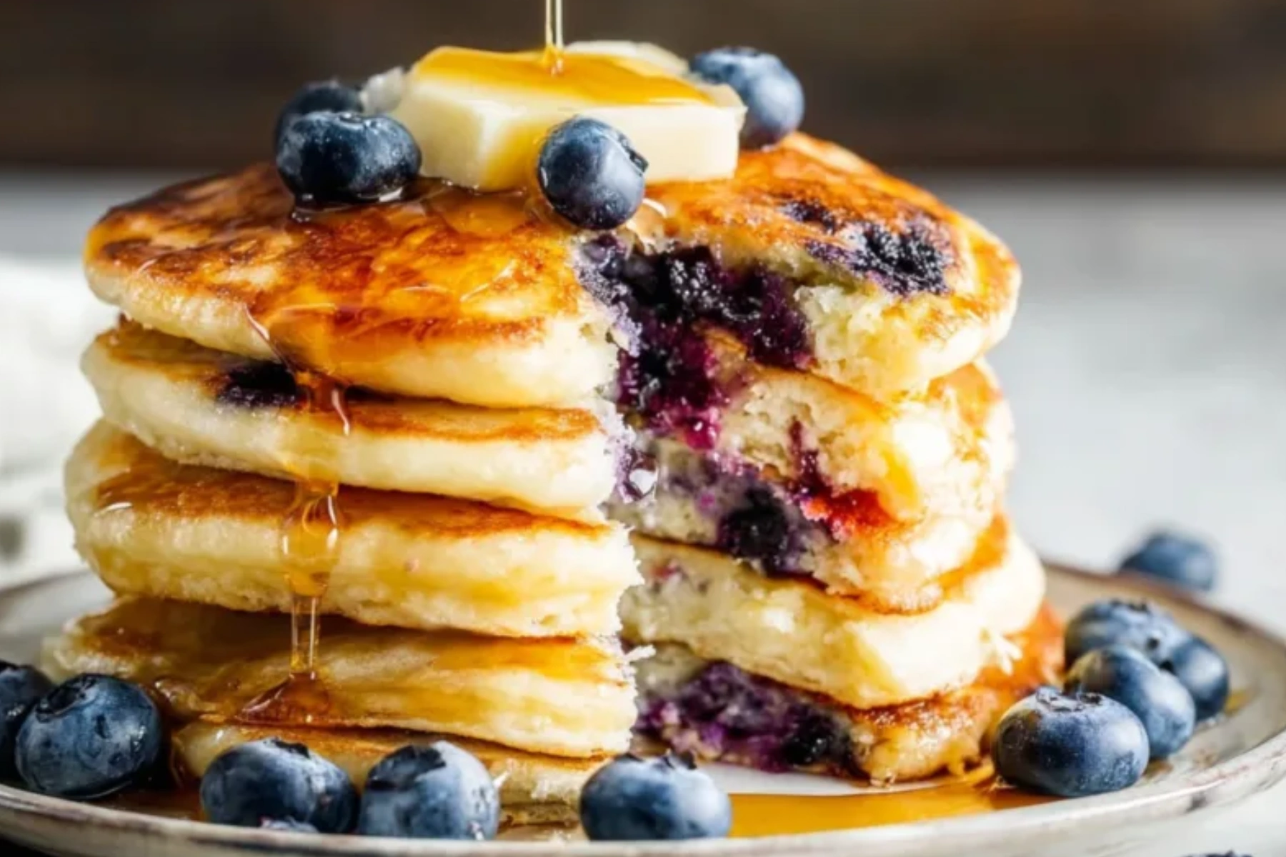 Best blueberry buttermilk pancakes stacked with blueberries and syrup