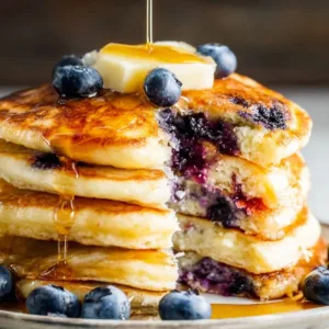 Best blueberry buttermilk pancakes stacked with blueberries and syrup
