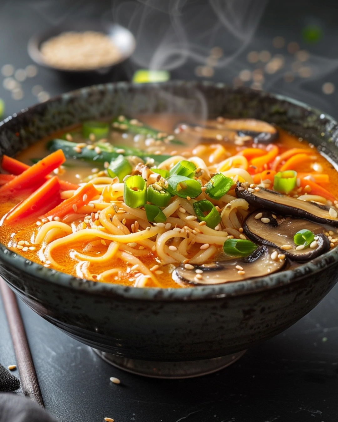 Served bowl of best spicy vegan ramen recipe