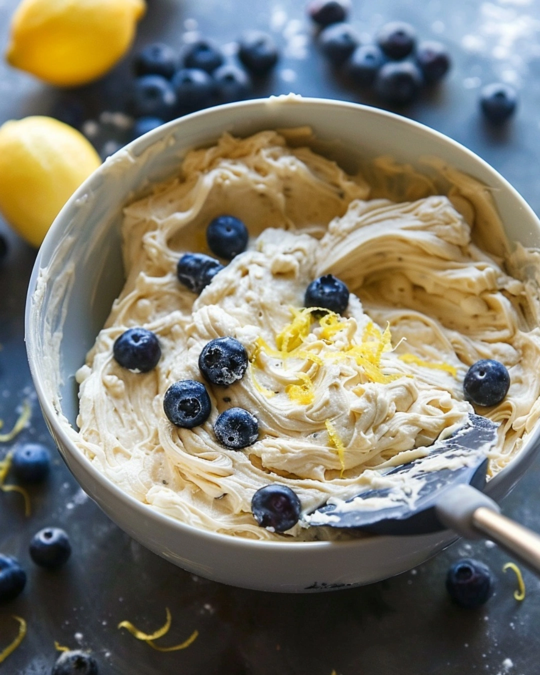 Biscuit dough with blueberries being mixed