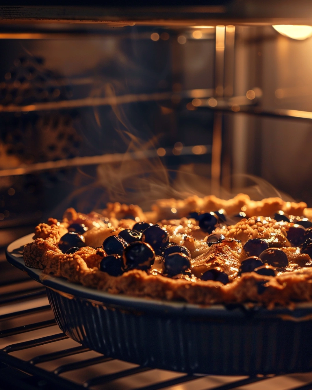 Blueberry cobbler baking in oven with golden crust
