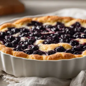Freshly baked blueberry cobbler recipe in rustic kitchen