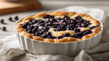 Freshly baked blueberry cobbler recipe in rustic kitchen