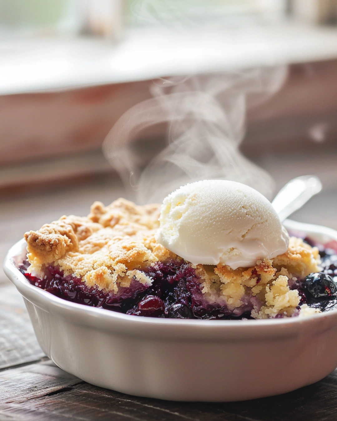 Warm blueberry cobbler served with vanilla ice cream