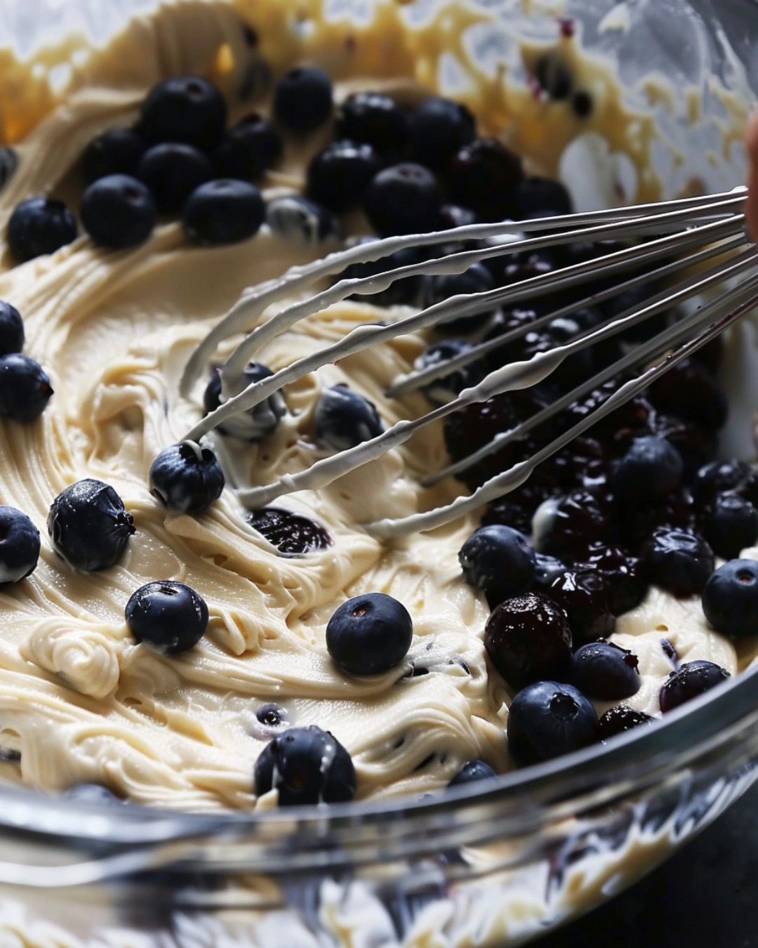 Mixing creamy Blueberry Cream Cheese Bread batter with fresh blueberries.