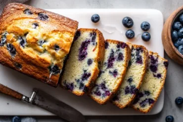 Freshly baked Blueberry Cream Cheese Bread sliced on a wooden board.
