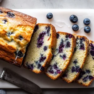 Freshly baked Blueberry Cream Cheese Bread sliced on a wooden board.