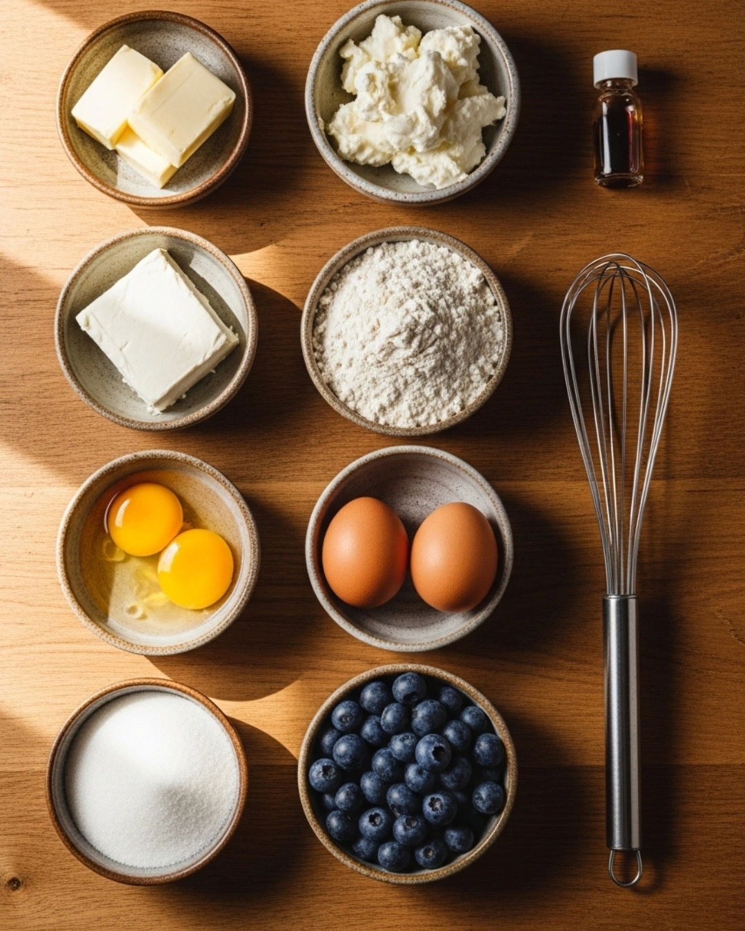 Ingredients for Blueberry Cream Cheese Bread arranged on wooden table.