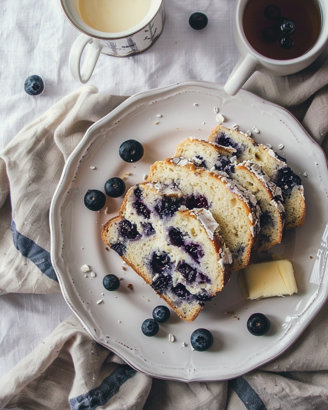 Slices of Blueberry Cream Cheese Bread served with butter and tea.