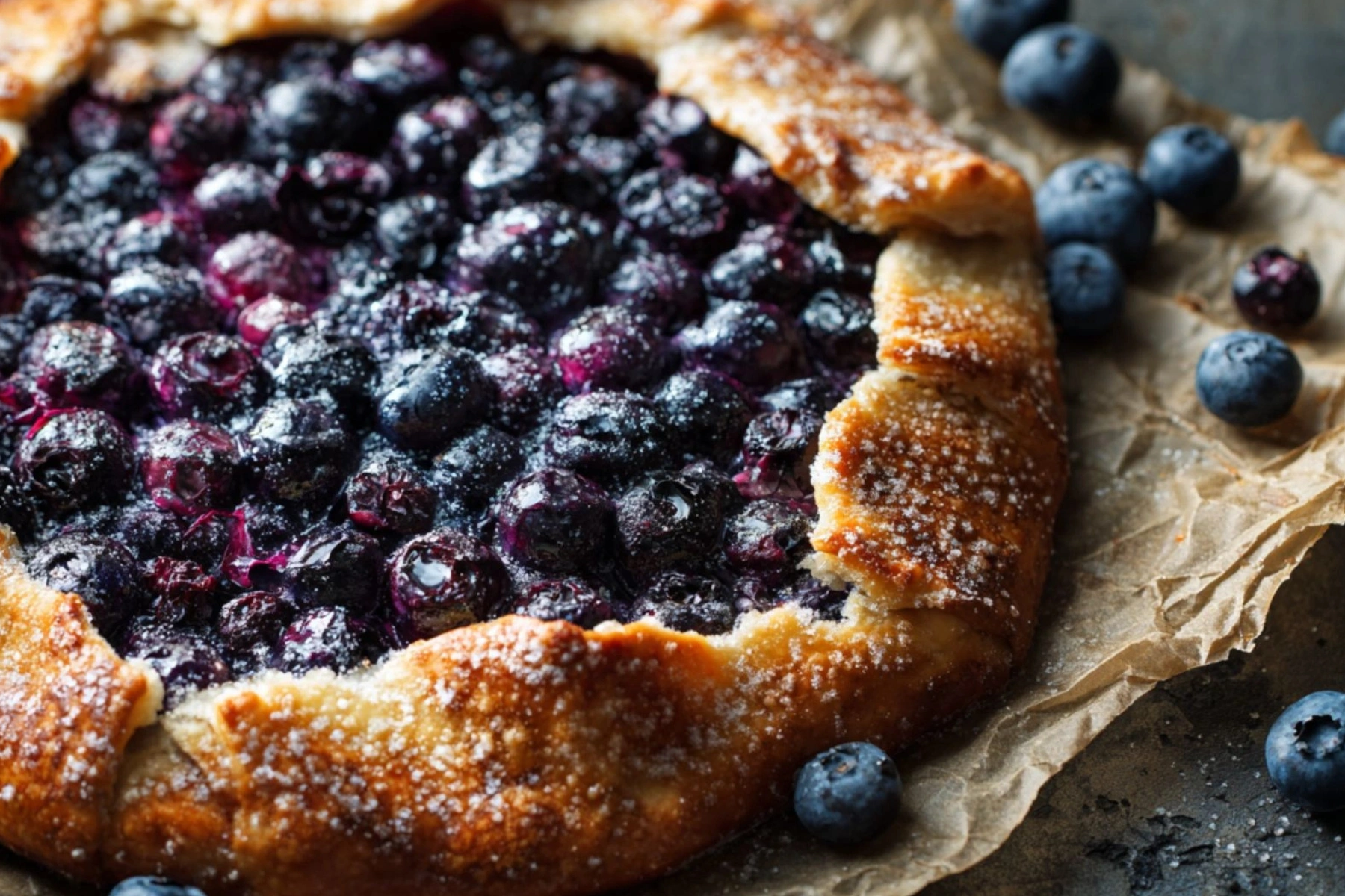 Blueberry galette recipe with crisp golden crust and bubbling berries