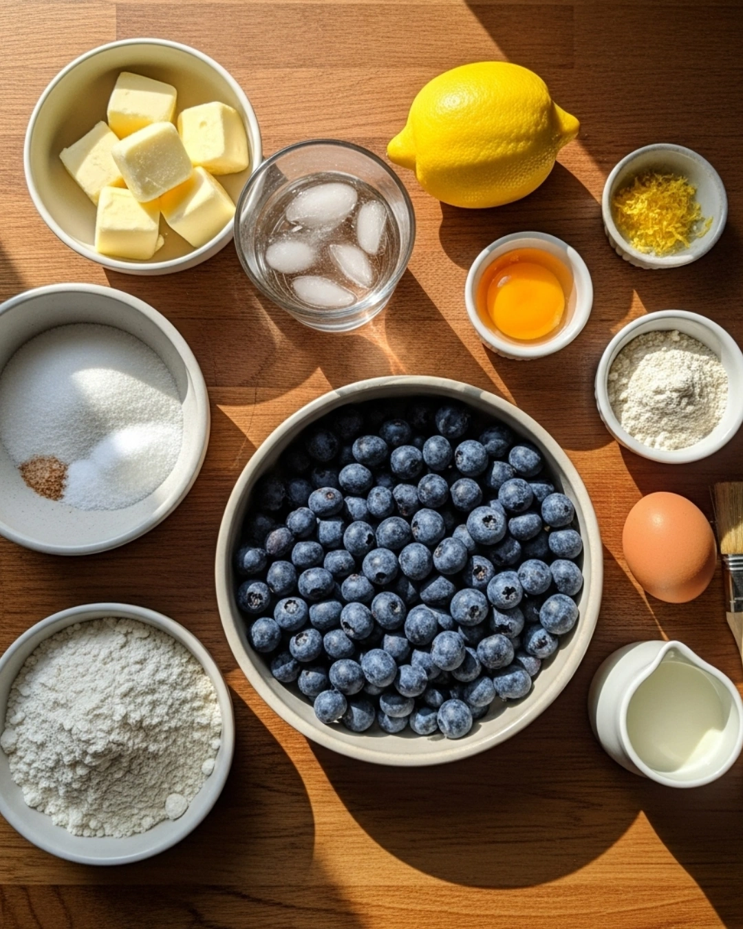 Ingredients for blueberry galette recipe with blueberries, lemon, and butter