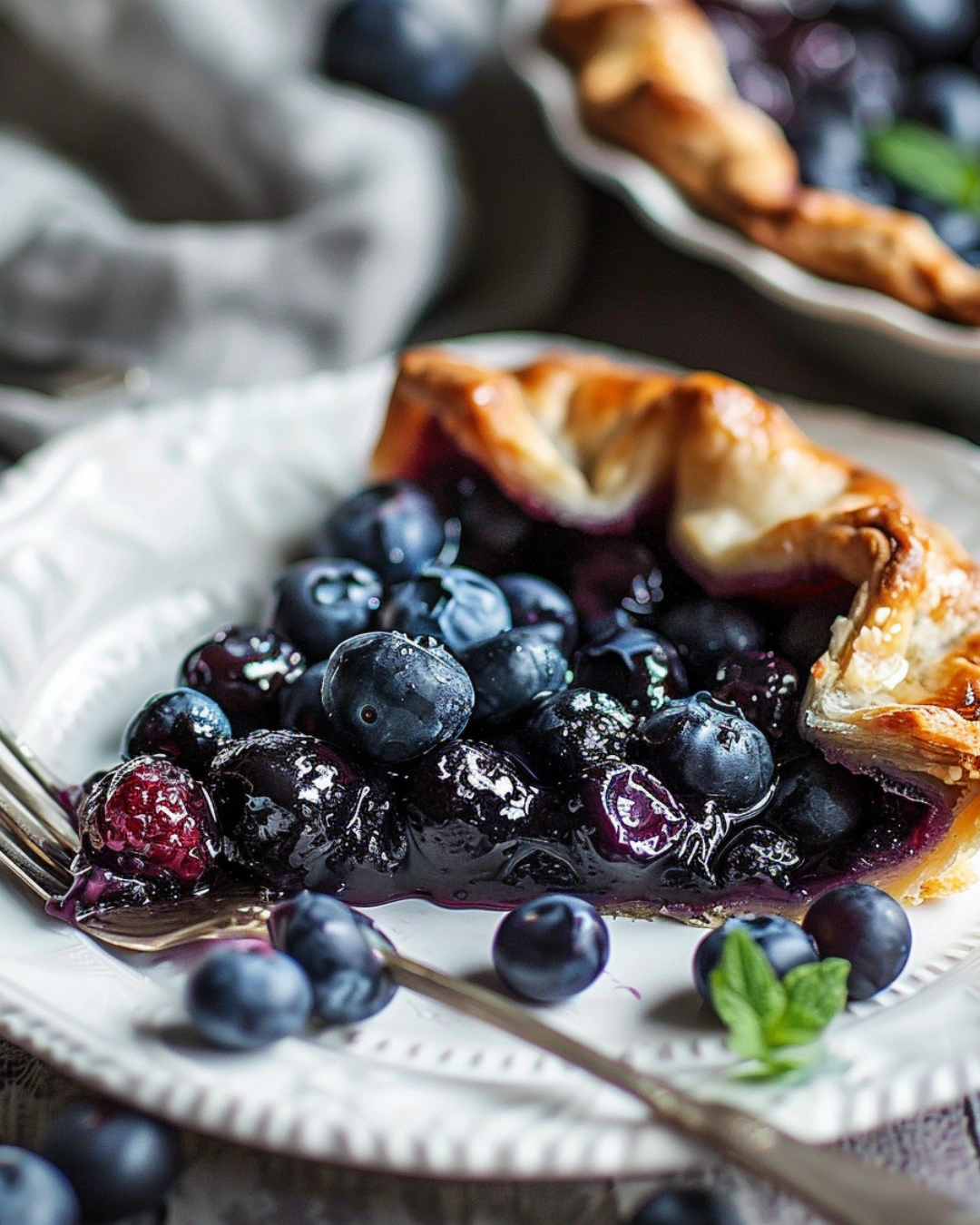 Slice of blueberry galette recipe with flaky crust and thick berry filling