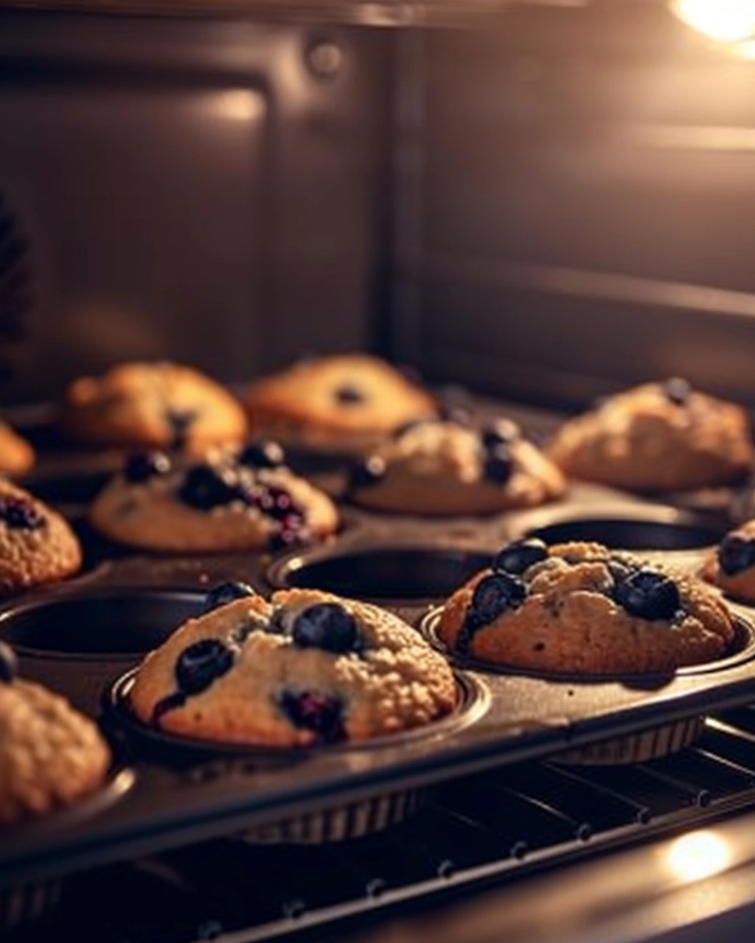 Blueberry muffins baking with domed tops in a muffin pan