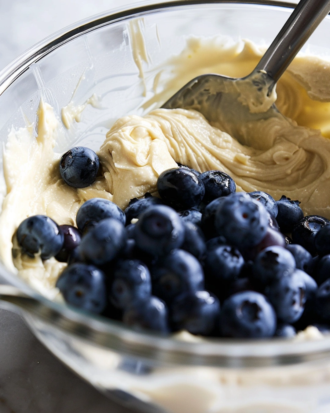Folding blueberries into blueberry muffins batter in a bowl